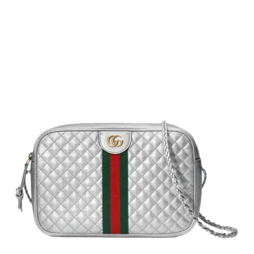 GUCCI/古馳 女士銀色菱形絎縫牛皮經典互扣式雙G字母徽標紅綠織帶裝飾拉鏈開合單肩包斜挎包女包 541051-0U12T-8562