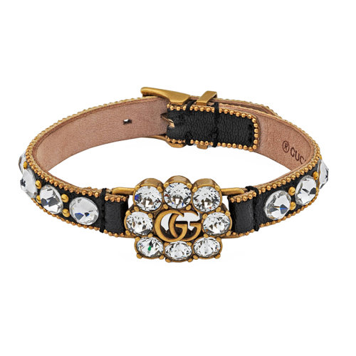 GUCCI/古馳  鍍金的金屬 雙G水晶棕色皮革手鏈648722I56718061