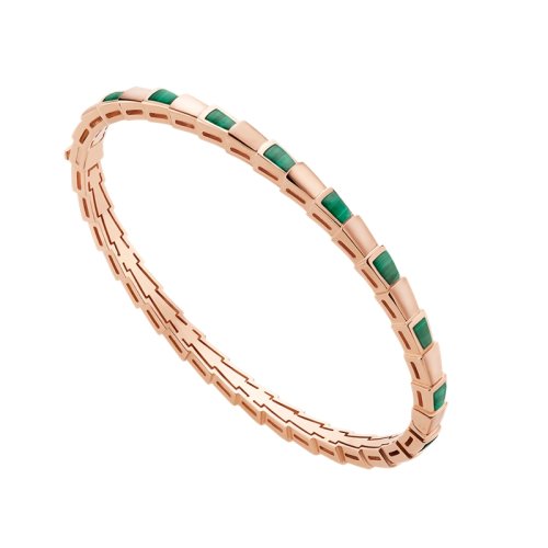BVLGARI/寶格麗 經典款18K金玫瑰金鑲孔雀石 蛇形手鐲 356518