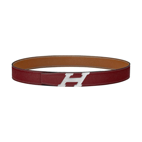 HERMES/愛馬仕 H Speed 紅H /金小牛皮 淺灰色噴砂氈鈀金屬皮帶扣 女士雙面皮帶 32毫米H081085CU87/H075394CAAC090