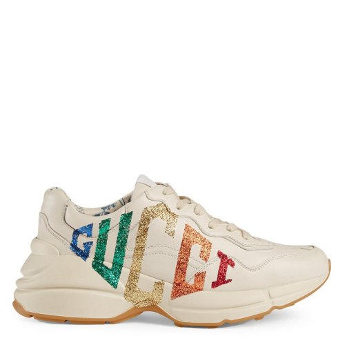 GUCCI/古馳 Rhyton系列 經典款 女士白色皮革和彩虹閃亮Gucci game圖案運動鞋老爹鞋524990DRW009022