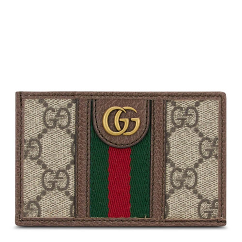 GUCCI/古馳 女士烏木色帆布紅綠條裝飾GG徽標名片夾卡包零錢包女包 597617-96IWT-8745