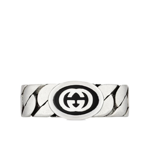 GUCCI/古馳  925純銀琺瑯互扣式雙G寬版馬銜索鏈戒指指環678656J84108191