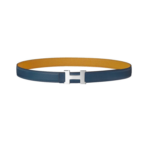 HERMES/愛馬仕 H系列 藍(lán)黃色荔枝紋小牛皮 女士雙面銀扣皮帶24毫米H064545CK05/H052150CAEC070