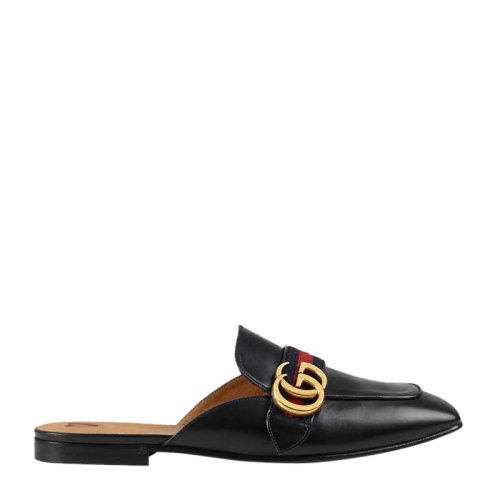 GUCCI/古馳 女士黑色牛皮雙G標方頭鞋低跟鞋休閑鞋穆勒鞋平跟鞋半包拖鞋涼鞋女鞋