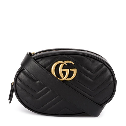 GUCCI/古馳 Marmont系列女士黑色牛皮GG徽標(biāo)單肩包斜挎包胸包腰包女包 491294-DSVRT-1000