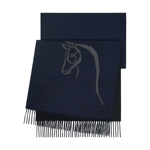 HERMES/愛馬仕 22年早春新款 Cheval au Trait系列 男士深藍/黑色馬頭圖案純羊絨圍巾H393782T03