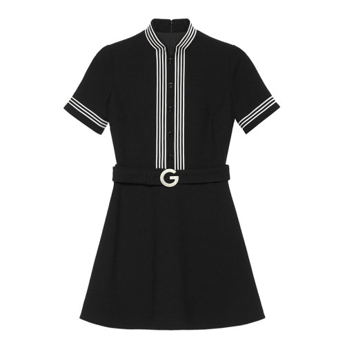 預定3周 GUCCI/古馳  21早春新款女士黑色羊毛縐紗連衣裙 643352ZAFGT1043