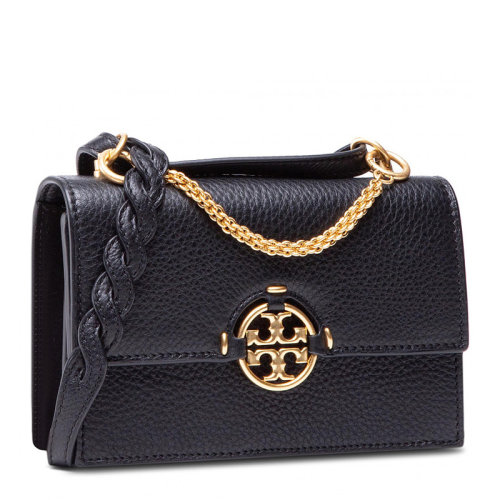 Tory Burch/湯麗柏琦 女士黑色粒面皮革經典金屬徽標裝飾磁扣開合單肩包斜挎包手提包女包 80532-001