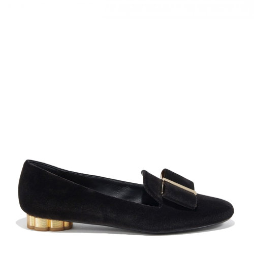 Salvatore Ferragamo/菲拉格慕 女士黑色天鵝絨平底船鞋單鞋女鞋 01-M950-680209（99新S級未使用）