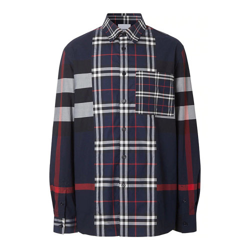 BURBERRY/博柏利 鑲拼格紋彈力棉府綢男士長袖襯衫80256151