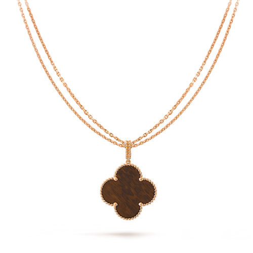Van Cleef & Arpels/梵克雅寶 經典MagicAlhambra系列 18K金玫瑰金鑲嵌蛇紋木 大花長款四葉草毛衣鏈項鏈