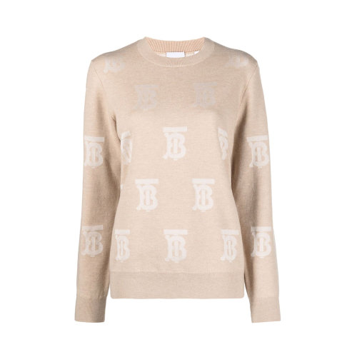 BURBERRY/博柏利 女士拼色羊毛混紡真絲TB徽標嵌花圓領毛衣 8052405