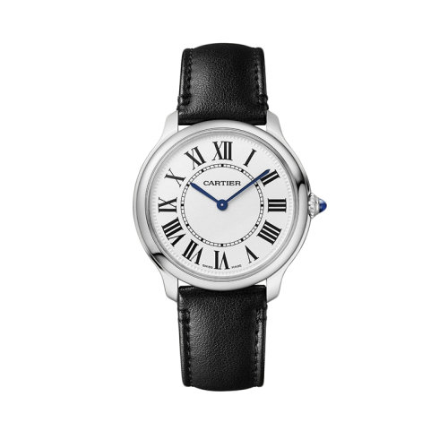 CARTIER/卡地亞 22年秋冬新款 七夕Rond系列 男女同款白色表盤石英機芯精鋼表殼黑色非動物性皮革材質表帶腕表36毫米WSRN0031
