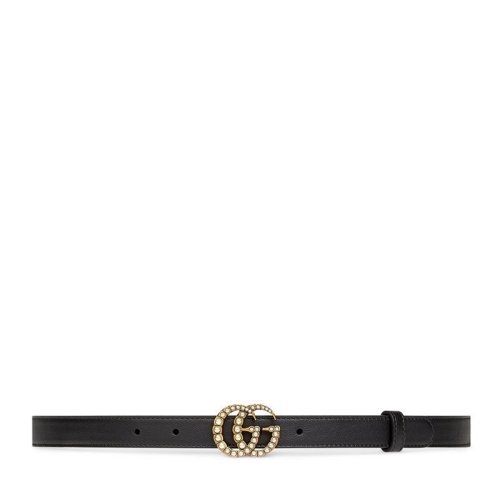 GUCCI/古馳   女士黑色細款皮革雙G珍珠扣腰帶 476342 AP0WT 8681