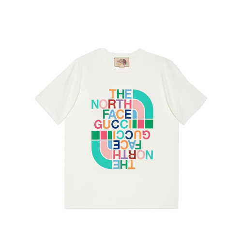 GUCCI/古馳 22秋冬款 The North Face聯(lián)名系列 女士白色純棉飾有彩色印花LOGO圖案圓領(lǐng)短袖T恤615044XJDYV9095