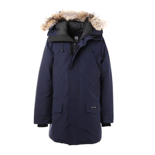 Canada Goose/加拿大鵝 秋冬款 男士深藍色郊狼毛領貼花徽標連帽中長款羽絨服LANGFORD派克大衣男裝