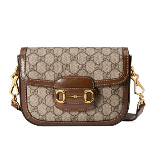 GUCCI/古馳  Horsebit 1955系列 女士迷你米色帆布復古翻蓋單肩斜挎 658574HUHHG8565