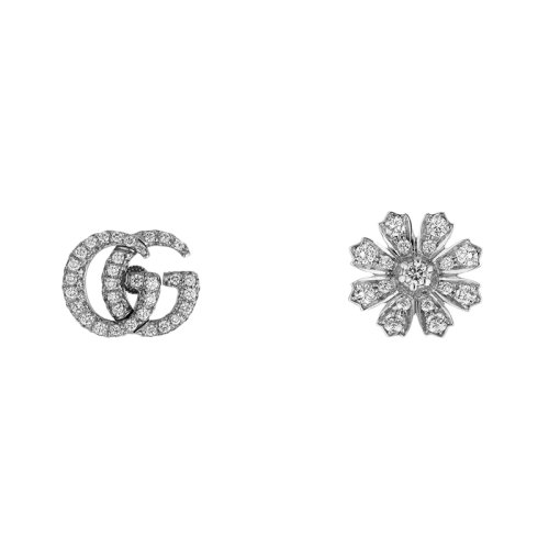 GUCCI/古馳 Gucci Flora系列 18K金白金不對稱GG和花朵形狀鉆石耳環 582033J8CZ19068