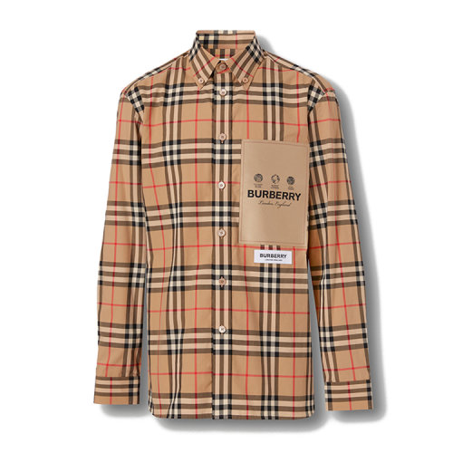 BURBERRY/博柏利 標簽貼花格紋棉府綢襯衫 80574611