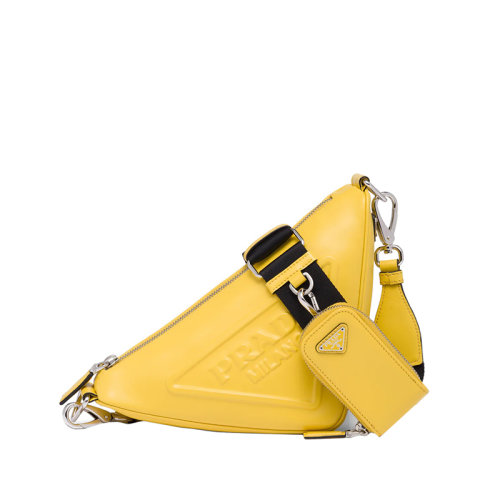 PRADA/普拉達 22年新款 女士日光黃皮革徽標拉鏈移動小袋可調節三角斜挎包1BH0_2BYA_F0377_V_BRO