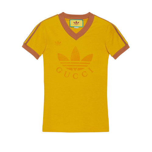 GUCCI/古馳 22年秋冬新款 adidas聯(lián)名系列 女士黃色純棉Logo印花V領(lǐng)短袖T恤693636XJEBZ7219