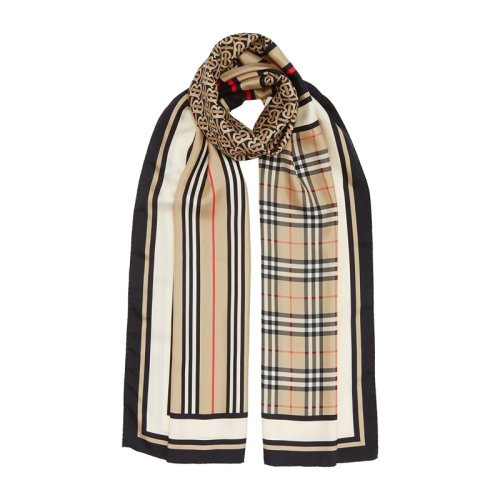 BURBERRY/博柏利 女士棕色圖標條紋和格紋印花真絲圍巾圍脖 8011951