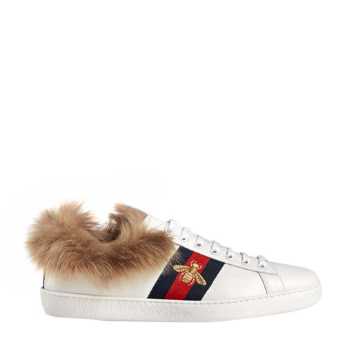 GUCCI/古馳 古琦男鞋 男士絨球小蜜蜂刺繡經典時尚白色低幫系帶休閑運動鞋 496093 0F150 9096