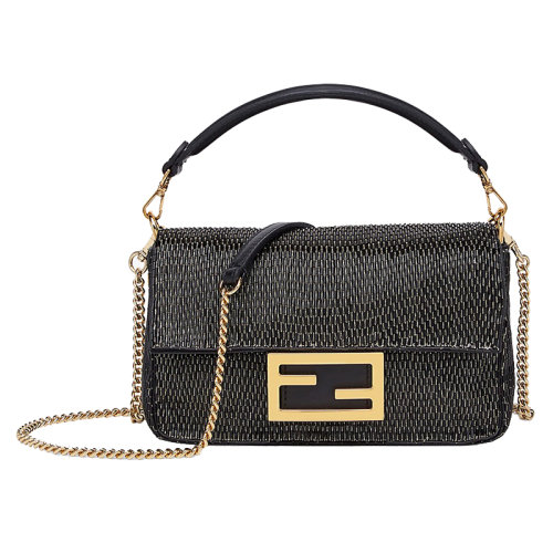 FENDI/芬迪   BAGUETTE系列 黑色亮片織物拼接小牛皮經典法棍手提斜挎包8BS017A9PWF0FQV
