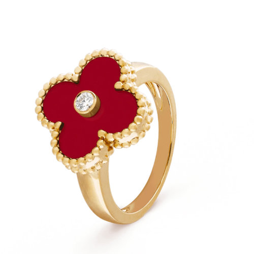 Van Cleef & Arpels/梵克雅寶 經典Vintage Alhambra系列 18K金黃金鑲嵌紅玉髓和鉆石幸運四葉草戒指VCARD40800