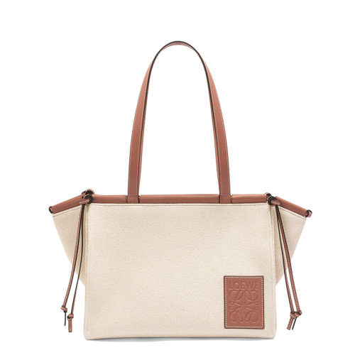LOEWE/羅意威 Cushion Tote系列 女士小號(hào)淺燕麥色帆布小牛皮飾邊單肩手提托特包0010576163