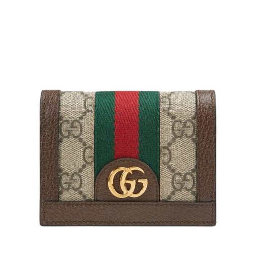 GUCCI/古馳 Ophidia女士棕色皮革拼帆布雙G對(duì)折卡包 523155 96IWG 8745