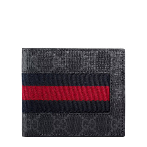 GUCCI/古馳 經典款 男士黑色GG帆布藍紅條紋織帶裝飾雙折錢包408827KHN4N1095