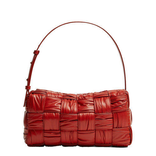 Bottega Veneta/葆蝶家 22新款 女士紅色羔羊皮Intrccio圖案拉鏈開合黃銅飾面單肩包717090V2FY16303