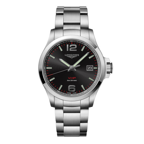 LONGINES/浪琴 康卡斯VHP系列 石英表精鋼表殼鋼鏈黑色交叉表盤(pán)男表43毫米L3.726.4.56.6