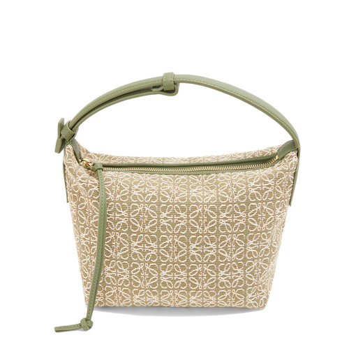 LOEWE/羅意威 22春夏新款Cubi系列 女士小號鱷梨綠色拼色徽標提花織物配皮手提包0010651412