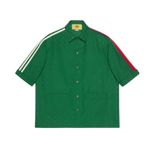 GUCCI/古馳 22年秋冬新款 adidas聯名系列 男士綠色聚酯纖維老花提花短袖襯衫696654ZAI223105