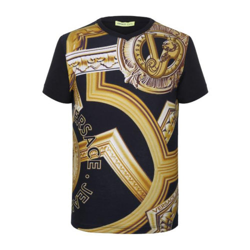 VERSACE JEANS/范思哲牛仔 男士拼色棉質(zhì)經(jīng)典字母徽標(biāo)印花裝飾圓領(lǐng)短袖上衣T恤 B3GNA764-36069-899