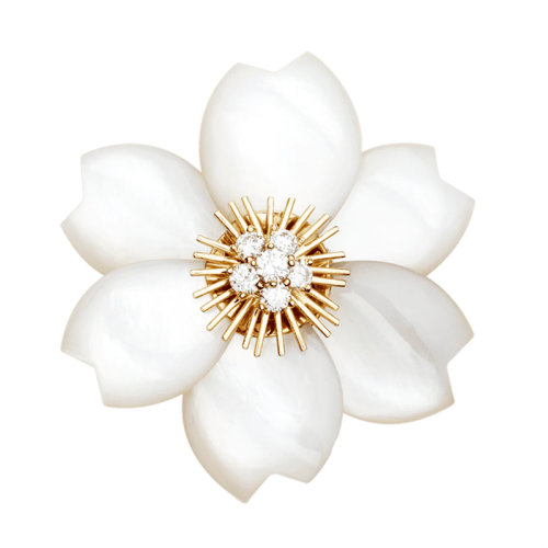 Van Cleef & Arpels/梵克雅寶 經典Rose de No?l系列 18k金玫瑰金白色珍珠母貝鑲嵌鉆石玫瑰中號胸針VCARA53400