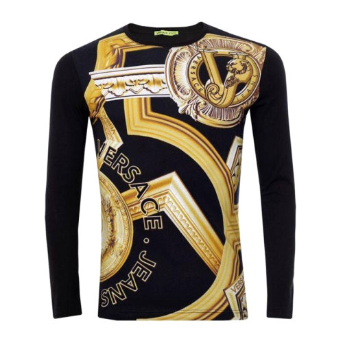 VERSACE JEANS/范思哲牛仔 男士黑色棉質(zhì)經(jīng)典字母徽標(biāo)印花裝飾圓領(lǐng)長袖上衣T恤 B3GNA768-36069-899