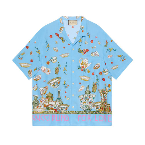 GUCCI/古馳 22年秋冬新款 Lovelight系列 男士藍色粘膠纖維面料茶具印花短袖保齡球衫襯衫708376ZAKFE4020