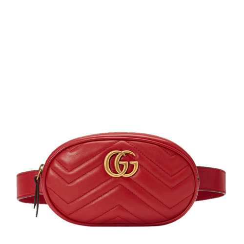 GUCCI/古馳 MARMONT系列女士紅色牛皮絎縫波浪紋雙G徽標可拆卸肩帶胸包腰包女包 476434-DSVRT-6433