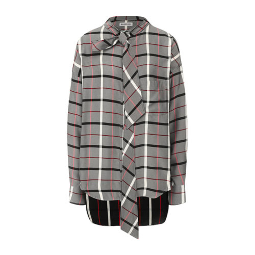 Balenciaga/巴黎世家 20春夏 女裝 服飾 灰色棉質長飄帶時尚格紋女士長袖襯衣襯衫