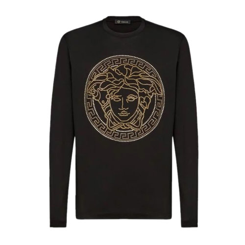 VERSACE/范思哲 男士黑色棉質(zhì)經(jīng)典珠釘美杜莎頭像裝飾圓領(lǐng)上衣長袖T恤衫 A77990-A201952-A008