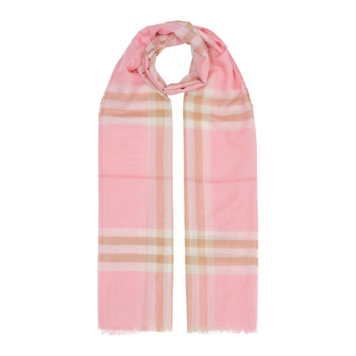 BURBERRY/博柏利 男女同款中性粉紅色羊毛桑蠶絲混紡經典復古格紋末端流蘇圍巾圍脖 8024520
