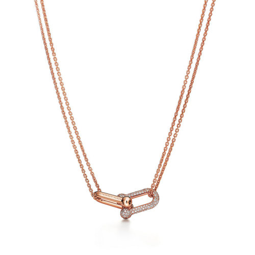 Tiffany & Co./蒂芙尼  Tiffany City HardWear系列18k金玫瑰金雙鏈密釘鉆石鏈式吊墜8692512