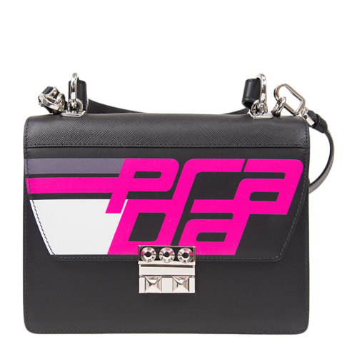 PRADA/普拉達手袋 女士黑色牛皮徽標貼飾單肩包斜挎包女包 1BA203 5OMA F0D2P