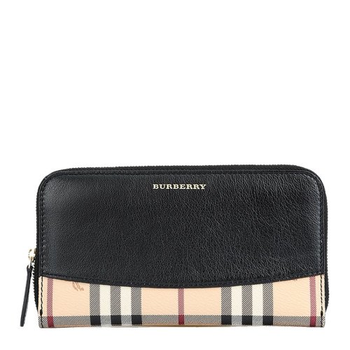 BURBERRY/博柏利 女士黑色拼色經典格紋牛皮長拉鏈錢包錢夾手拿包女包 3934389