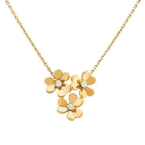 Van Cleef & Arpels/梵克雅寶 經(jīng)典Frivole?系列 迷你18K金黃金三朵小花鑲鉆項(xiàng)鏈 VCARP2DU00