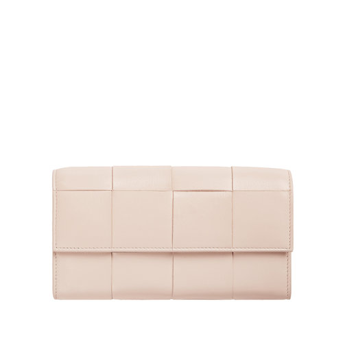 Bottega Veneta/葆蝶家 22春夏新款 女士水洗甜瓜色I(xiàn)ntreccio編織皮革翻蓋長款錢包667433VCQC46705